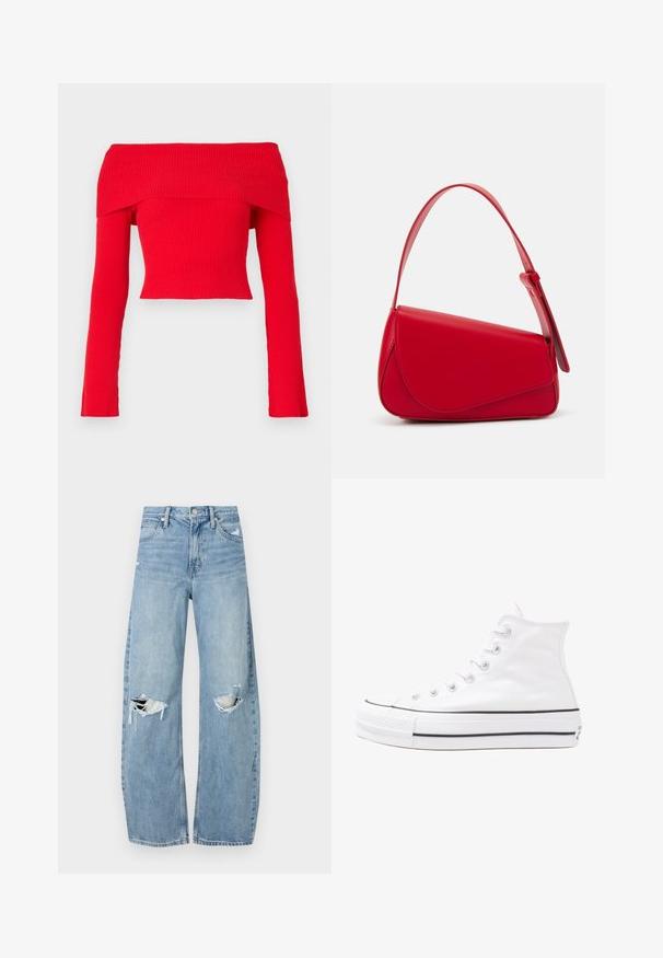 Red ribbed off-shoulder crop top with long sleeves and a fitted design. The fabric features a textured finish and a wide neckline.; Light blue, high-waisted jeans made of denim. Feature wide legs, two torn knee areas, and classic five-pocket styling.; White high-top canvas sneaker with black rubber sole, front rubber toe cap, and six eyelets for laces, featuring a clean, minimalist design.; Red leather handbag with an angular, geometric design. Features a single adjustable strap and a flap closure with stitched detailing.