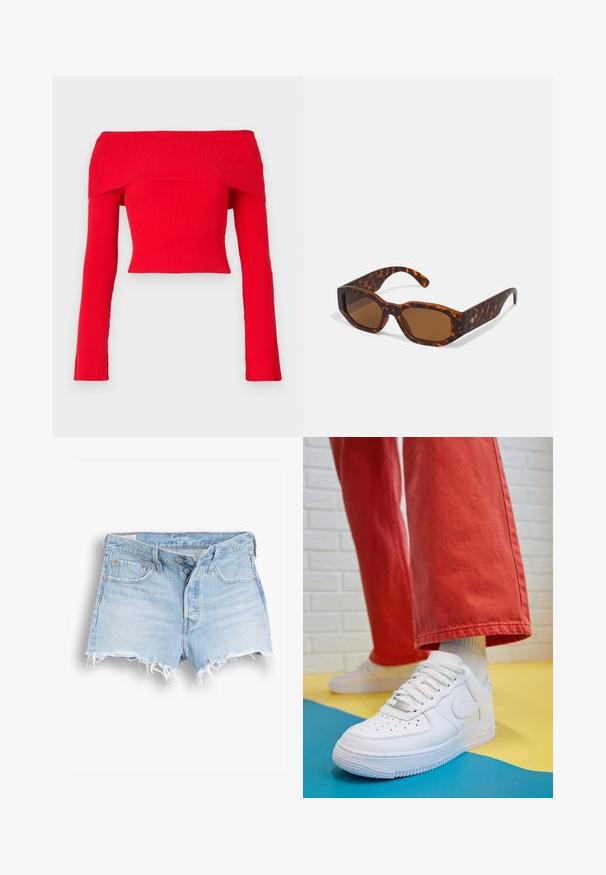 Rød ribbet off-shoulder crop top med lange ærmer og tætsiddende design. Stoffet har en tekstureret overflade og en bred udskæring.; Lys blå denimshorts med høj talje, frynset kant, fem-lomme design og kontrasterende syninger. To knapper ved lukningen foran.; Hvide lædersneakers med perforeret tå-kasse, tekstureret sål og hvide snørebånd, parret med brede røde bukser og en blå-gul baggrund.; Skildpaddemønstret solbriller med firkantede stel og brune linser; dristigt design, blank overflade, akcentuerede stænger med subtilt logo-detalje.