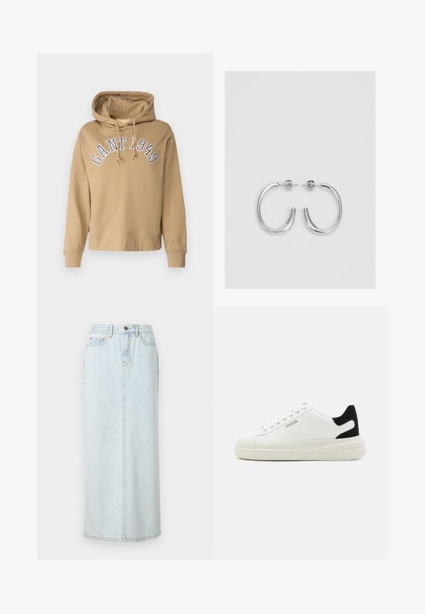 Kapucnis bézs pulóver, zsinórral, az "GANT 1949" kék hímzéssel a mellkas fölött. Puha anyag, bordás mandzsetták és alsó szegély.; Fénykék farmer maxi szoknya egyenes vonallal, elöl gombos záródással és látható varrásokkal. Két elülső zsebet tartalmaz.; Fehér bőr sportcipők vastag fehér talppal, fekete velúr sarokpikkelyel és dombornyomott logóval az oldalon. Fűzős kialakítás, hat fűzőlyukkal.; Ezüst karika fülbevalók sima, fényes felülettel. Lekerekített forma, könnyű kialakítással, tűs zárómechanizmussal.