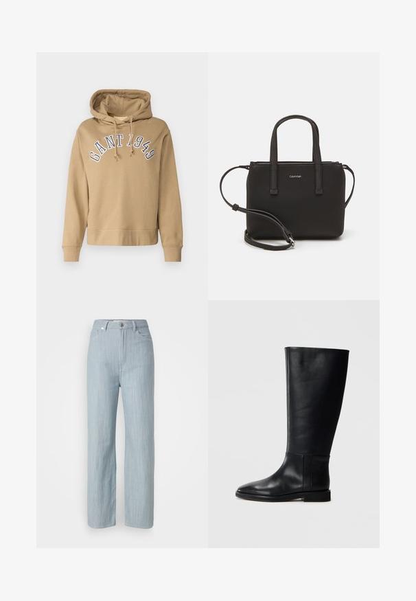 Beżowa bluza z kapturem z troczkami, z haftem "GANT 1949" w kolorze niebieskim nad klatką piersiową. Miękka tkanina, ściągacze przy mankietach i u dołu.; Jasnoniebieskie jeansy o prostym kroju wykonane z denimu. Posiadają pięć kieszeni, zapięcie na metalowy guzik oraz subtelne przetarcia nadające teksturę.; Czarne skórzane kozaki za kolano z zaokrąglonym noskiem, gładką teksturą, minimalistycznym designem i płaską podeszwą. Proste detale szwów na cholewie.; Czarna torebka z dwoma krótkimi uchwytami i odpinanym paskiem na ramię. Gładki materiał przypominający skórę, z zamkiem błyskawicznym i detalem z logo.