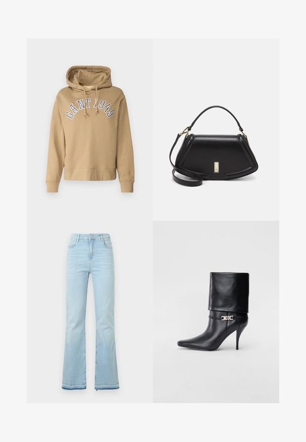 Beige huppari, jossa on nyörit ja sininen "GANT 1949" brodeerattu rinnassa. Pehmeää kangasta, ribbaatut hihansuut ja helma.; Vaaleansiniset levenevät farkut, jotka on valmistettu denimistä. Niissä on korkea vyötärö, etutaskut ja raaka helma lahkeissa rentoa ilmettä varten.; Musta nahkasaapas nilkkapituudella, teräväkärkinen, korkea stiletto-korko, käännettävä varsi ja kultainen koristeellinen solki nilkassa.; Mustalla nahkalaukulla, jossa on jämäkkä muotoilu, lyhyt malli, yläkahva ja kultaiset yksityiskohdat. Säädettävä olkahihna sisältyy.