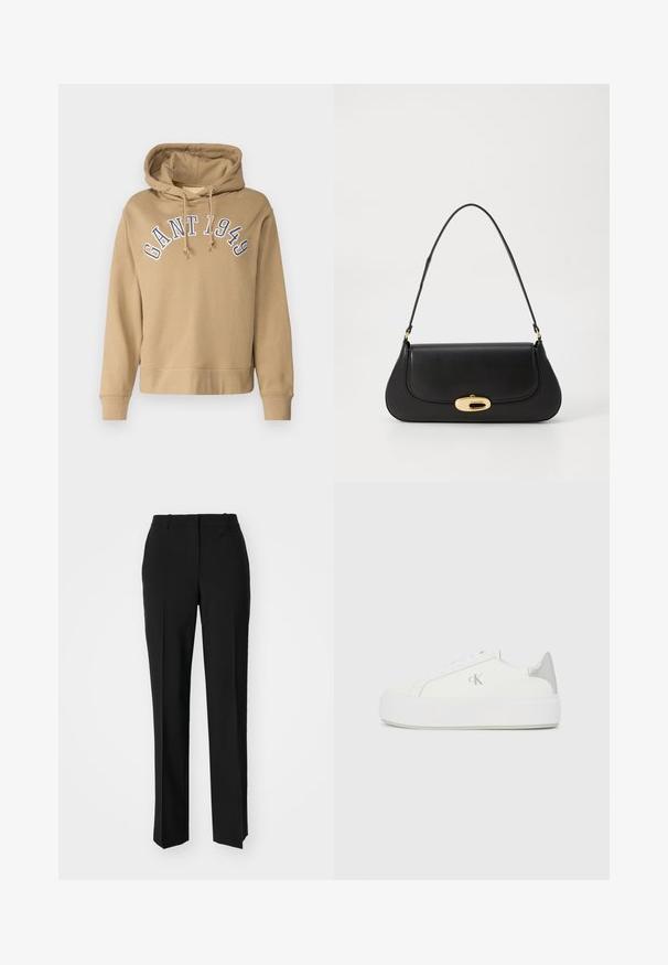 Sweat à capuche beige avec cordons, arborant "GANT 1949" brodé en bleu sur la poitrine. Tissu doux, poignets et ourlet côtelés.; Pantalon noir ajusté avec une coupe droite, présentant une texture lisse et des plis nets sur le devant. Aucune quincaillerie visible.; Baskets en toile blanches avec une semelle blanche épaisse, présentant un accent argent métallique au niveau du talon et un subtil logo sur le côté.; Sac à main en cuir noir avec un design incurvé, matériel doré et une poignée sur le dessus. Présente une fermeture élégante et une texture lisse.