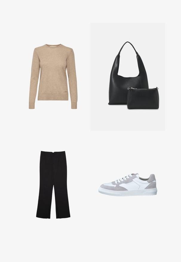 Beige pitkähihaine neule, jossa on pyöreä kaula-aukko, valmistettu pehmeästä, teksturoidusta kankaasta, jossa on hienovarainen logo-aksentti helman lähellä.; Mustat housut suoralinjaisella leikkauksella, joissa on etutaskut ja sivurei'ät helman alla. Valmistettu pehmeästä ja sileästä kankaasta. Sopii eri tilaisuuksiin.; Valkoiset ja vaaleanharmaat tennarit, joissa on sileä nahkapinta ja mokkanahkaisia yksityiskohtia, pyöreä kärki, nauhavarustus ja teksturoitu kumipohja.; Even&Odd Käsilaukku - black