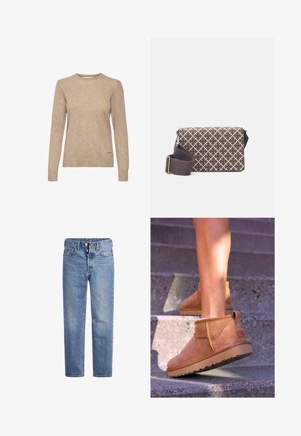 Bežna dolga majica z dolgimi rokavi in okroglo ovratnikom, narejena iz mehkega, teksturiranega materiala, z diskretnim logotipom tik nad robom.; Svijetloplave traperice ravnog kroja s pet džepova i dugmetom. Imaju suptilno izbljeđivanje i narančaste detalje šavova.; Svetlosive nobuck gležnjarji z mehko teksturo, všitimi detajli in gumijastim podplatom, z zanko na peti za enostavno obuvanje.; Prečna torba iz temno rjave tkanine z belim geometrijskim vzorcem, z teksturiranim nastavljivim trakom in kovinskimi poudarki.