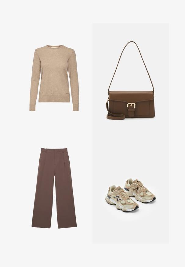 Beige langærmet sweater med rund hals, lavet af blødt, struktureret stof, med en diskret logo-detalje nær sømmen.; Breddebukser i en ensfarvet brun stof, med en glat tekstur, frontfald og en skræddersyet talje. Ingen synlige logoer eller mønstre.; Beige sneakers med mesh og suede materialer. Har et sort logo og teksturerede accenter. Tyk hvid mellemsål og sort gummisål.; Brun læderhåndtaske i rektangulær form med en frontklap, gyldent hardware og en lang, justerbar rem.