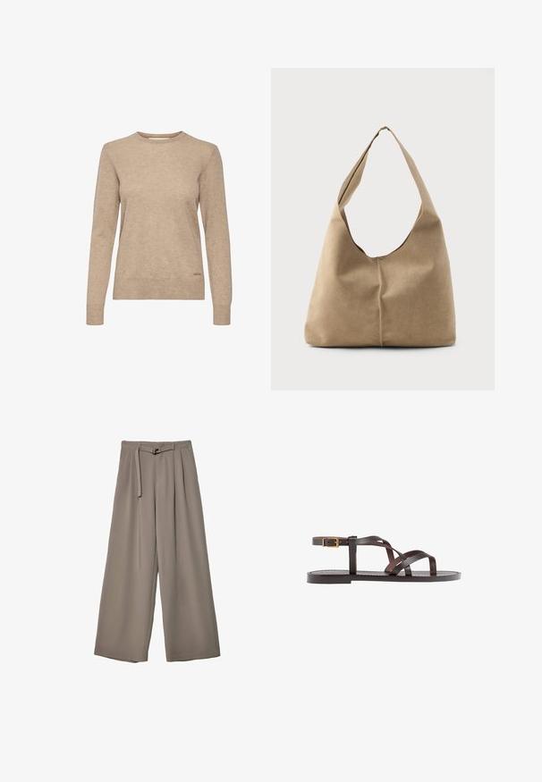 Beige Langarmpulli mit Rundhalsausschnitt, aus weichem, strukturiertem Stoff, mit einem dezenten Logo-Akzent am Saum.; Weite Hose aus einem weichen, gedämpften grauen Stoff, mit einem taillierten Bund und Falten für zusätzliche Design-Details. Glatte Textur, keine Muster.; Braune Leder-Sandale mit überkreuzten Riemen, einem Knöchelriemen mit Schnalle und einer flachen Sohle mit minimalen Nähdetails.; Hobo-Tasche aus weichem beigen Wildleder mit einer lässigen Form, breitem Schulterriemen und einer handgestickten Nahtdetail entlang der Vorderseite.