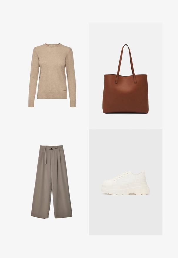 Beige pitkähihaine neule, jossa on pyöreä kaula-aukko, valmistettu pehmeästä, teksturoidusta kankaasta, jossa on hienovarainen logo-aksentti helman lähellä.; Suurille lahkeille housuille pehmeässä, hillityssä harmaassa kankaassa, jossa on vyötäröllä vyö ja lisää muotoilun yksityiskohtia kuploissa. Sileä rakenne, ei kuvioita.; Valkoinen kangaskenkä paksulla pohjalla, pyöreällä kärjellä ja viidellä nauhakuutiolla. Takareunan vipu helpottaa pukemista. Sileä pinta, minimalistinen muotoilu.; Ruskea nahkainen olkalaukku, jossa on sileä pinta, avoin yläosa ja kaksi olkahihnaa. Omaavat vain minimaalisen ompelun eikä näkyvää metalliosaa.