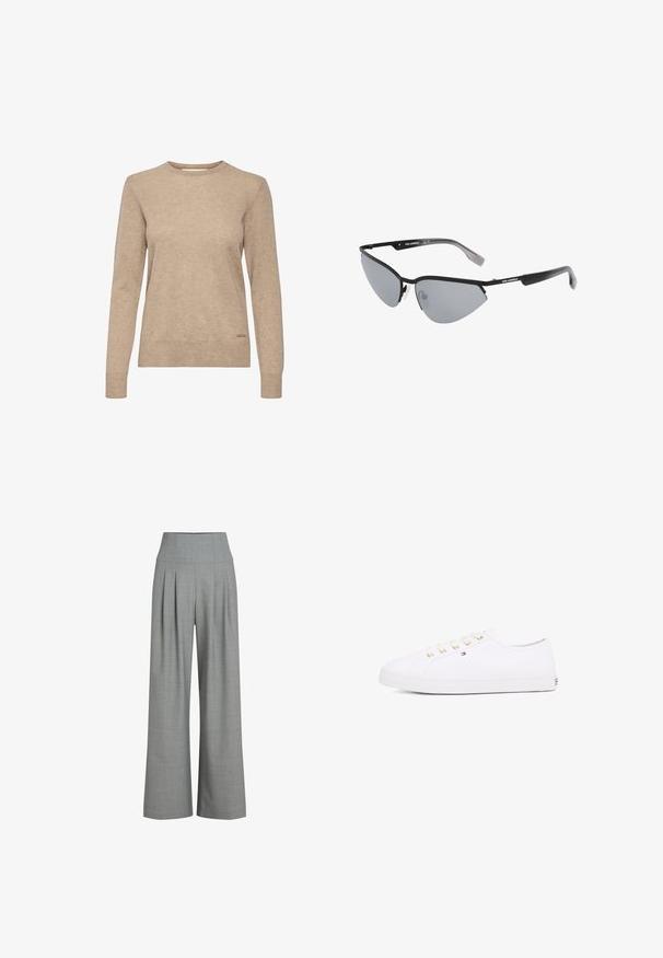 Beige Langarmpulli mit Rundhalsausschnitt, aus weichem, strukturiertem Stoff, mit einem dezenten Logo-Akzent am Saum.; Graue, plissierte weit geschnittene Hose mit hohem Bund, hergestellt aus einem strukturierten Stoff, der eine glatte Oberfläche und klare Linien aufweist.; Weißes Leinensneaker mit goldenen Ösen, flachen Schnürsenkeln, strukturiertem Gummisohle und minimalem Branding an der Seite. Niedriges Profil.; Schwarze Sonnenbrillen mit kantigem, Katzenaugen-Design. Silberne, verspiegelt Gläser. Schlanke, leichte Kunststoffrahmen mit dezentem Branding an den Schläfen.