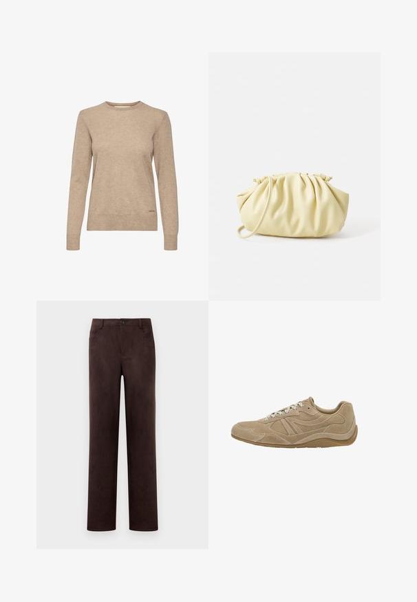 Beige Langarmpulli mit Rundhalsausschnitt, aus weichem, strukturiertem Stoff, mit einem dezenten Logo-Akzent am Saum.; Gerade geschnittene, dunkelbraune Wildlederhosen mit vorderer Knopf- und Reißverschluss, Gürtelschlaufen und seitlichen Taschen.; Beige Wildledersneaker mit niedrigem Profil, strukturierten Oberflächen und weißen Schnürsenkeln. Verfügt über ein geschwungenes Design und eine Gummisohle für guten Halt.; Gelbe, gefaltete Handtasche aus glattem Kunstleder mit weicher Form, einzigem Schulterriemen und gerafftem Oberteil.