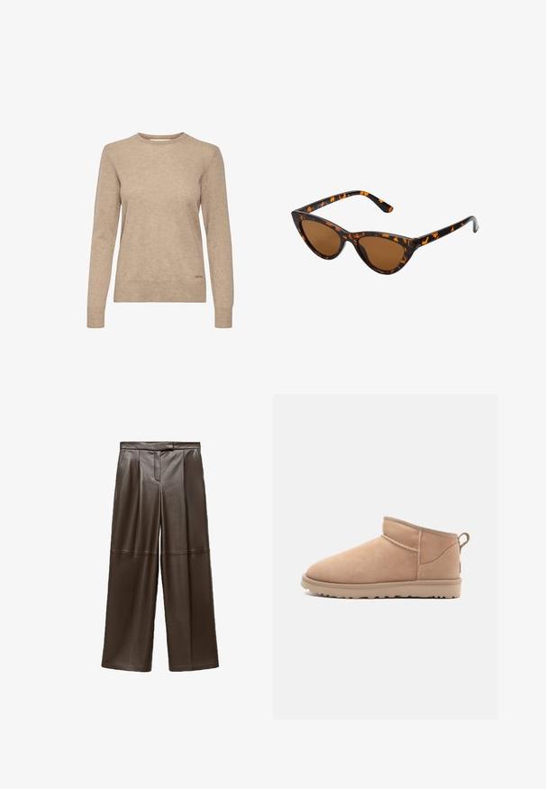 Pulover bej cu mâneci lungi, cu guler rotund, realizat dintr-un material moale și texturat, cu un accent subtil al logo-ului aproape de tiv.; Pantaloni largi din piele maro, cu o textura neteda, avand pliseuri in fata si un design clasic al taliei.; Botină ankle din suede tan, cu vârful rotunjit, textură moale, design simplu și talpă din cauciuc cu profil redus. Are un tab de prindere la spate.; Ochelari de soare în stil cat-eye, cu o ramă din material cu tortoiseshell negru și portocalie, lentile maro și vârfuri elegante, ascuțite. Prezintă un logo minimal pe brățara ochelarilor.; Geantă crossbody din suede maro cu o finisare texturată, accent de lanțuri aurii și curea din piele ajustabilă. Are închidere cu fermoar.