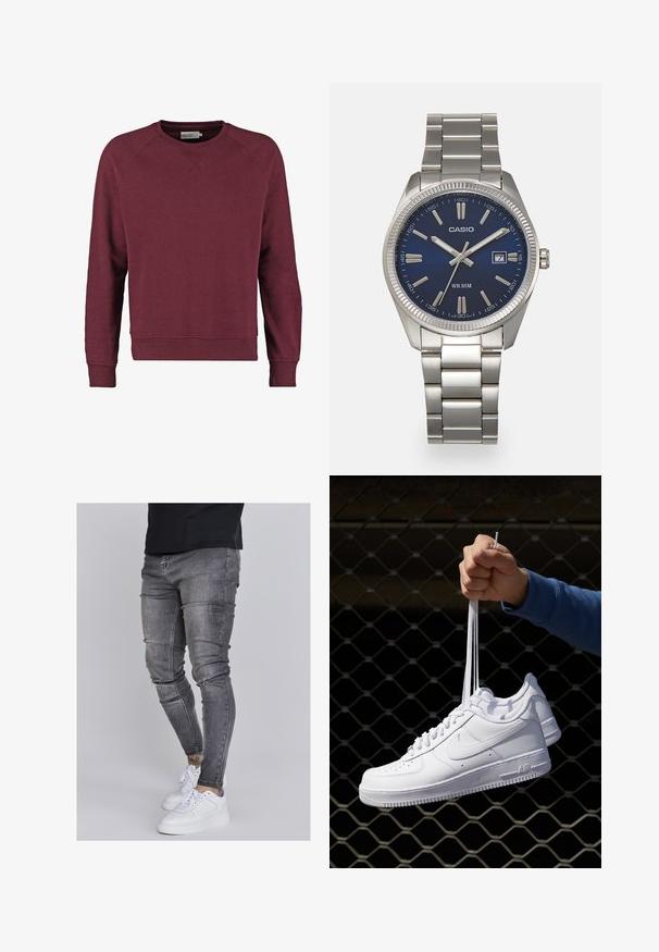 Felpa bordeaux con scollatura a girocollo, maniche raglan, polsini e orlo a costine, realizzata in un morbido tessuto misto cotone.; Jeans skinny in denim grigio sbiadito, con dettagli strappati sulle ginocchia, abbinati a sneakers bianche. Texture liscia, design slim fit.; Sneakers in pelle bianca con perforazioni, punta rotonda, suola piatta e lacci spessi, con logo swoosh visibile e "AIR" sul tallone.; Orologio da polso in acciaio inossidabile argento con quadrante blu navy, indici metallici e finestra della data alle 3. Resistente all'acqua fino a 50 metri.