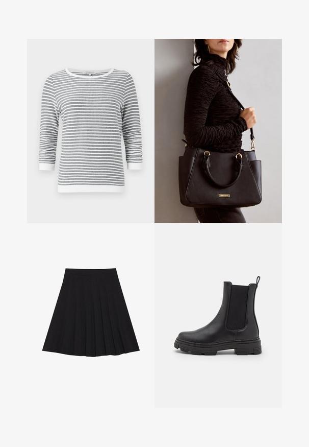 Szaro-biała pionowo paskowana koszula z długim rękawem, z rękawami 3/4 i białym wykończeniem przy mankietach, dekolcie i dolnym brzegu.; Czarna plisowana spódnica z teksturowanej tkaniny z dopasowanym paskiem. Sięga do kolan, wyróżniając się gładką, czystą sylwetką.; Czarny skórzany botek za kostkę z elastycznymi panelami bocznymi, okrągłym czubkiem i teksturowaną gumową podeszwą. Posiada pętelkę z tyłu ułatwiającą zakładanie.; Czarna torebka z teksturowanej powierzchni, podwójnymi uchwytami na górze i regulowanym paskiem na ramię. Posiada złote okucia i boczne kieszenie.