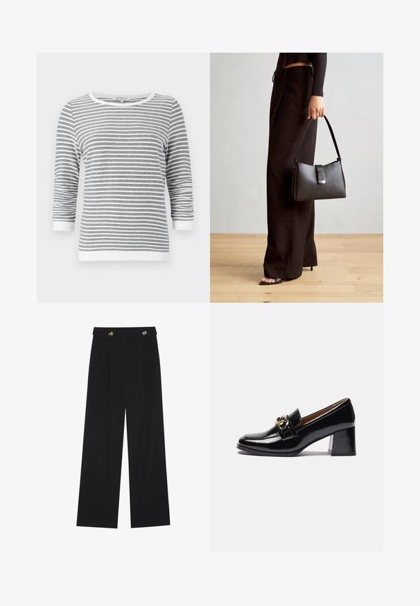 Šedobílý dlouhý rukáv s horizontálním pruhováním, ¾ rukávy a bílý lem na manžetách, výstřihu a spodním lemu.; Černé široké kalhoty s vysokým pasem, detailní knoflíky na pase a přední záhyby.; Černé lakované kožené lodičky na podpatku s kulatou špičkou, robustnějším podpatkem a zlatým akcentem na předním pásku.; Černá kabelka se strukturovaným tvarem, hladkým povrchem a kovovým uzávěrem. Kombinována s širokými černými kalhotami a sandály s otevřenou špičkou na dřevěné podlaze.