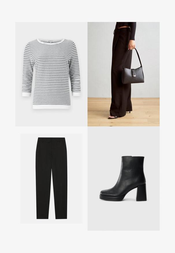 Camisa de manga larga a rayas horizontales en gris y blanco con mangas 3/4 y ribetes blancos en los puños, el escote y el dobladillo.; Pantalones negros con un diseño ajustado, que cuentan con bolsillos laterales y pierna recta. Fabricados con una tela suave y liviana con un acabado elegante.; Botín de cuero negro con tacón cuadrado y suela de plataforma, visto de lado sobre un fondo blanco liso.; Bolso negro con forma estructurada, textura suave y un cierre metálico. Combinado con pantalones anchos negros y sandalias de dedo en un suelo de madera.