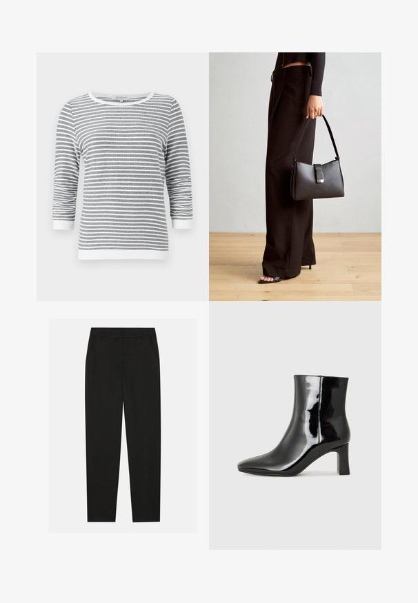 Grijs en wit horizontaal gestreept shirt met lange mouwen en 3/4 mouwen, met witte afwerking bij de manchetten, halslijn en zoom.; Zwarte broek met een tailormade ontwerp, voorzien van zijzakken en een rechte pijp. Gemaakt van een soepele, lichte stof met een strakke afwerking.; Zwarte gepolijste leren enkellaars met een spitse neus en een blokhak van gemiddelde hoogte. Glad textuur en minimalistisch ontwerp.; Zwarte handtas met gestructureerde vorm, gladde textuur en een metalen sluiting. Gecombineerd met brede zwarte broeken en sandalen met open teen op een houten vloer.