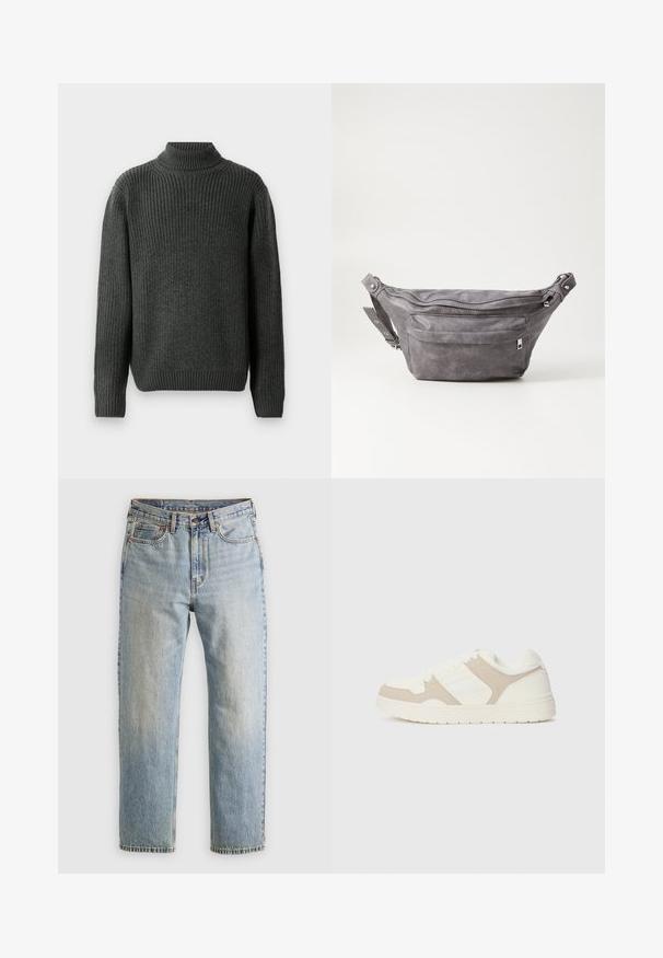 Pull à col roulé gris foncé en tricot avec texture côtelée, manches longues et bord inférieur ajusté. La vue arrière met en avant des détails de couture.; Jean en denim bleu clair à taille haute, avec bouton avant, fermeture éclair et design à cinq poches, posé à plat sur un fond neutre.; Baskets blanches et beiges présentant une combinaison de textures lisses et en daim, un bout rond, un système de laçage et une semelle en caoutchouc plate.; Sac banane en suède gris avec une forme arrondie, deux compartiments zippés et une sangle réglable. Comprend des accents en métal.