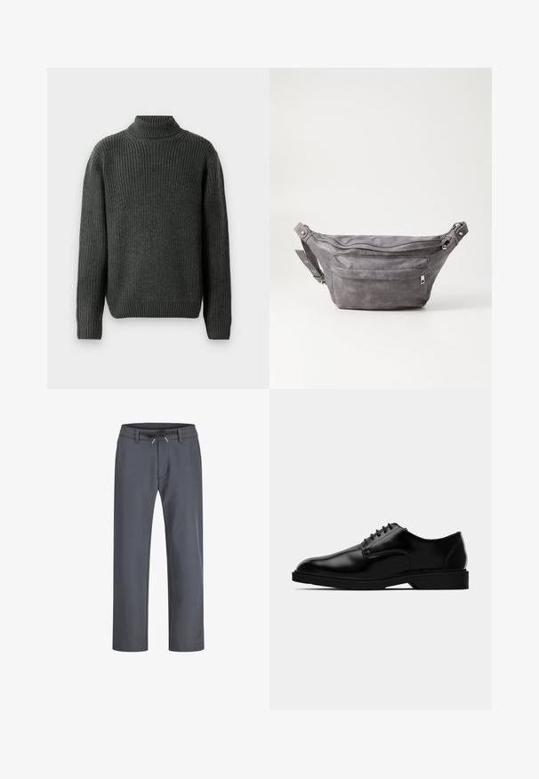 Maglione a collo alto di colore grigio scuro, realizzato a maglia, con texture a coste, maniche lunghe e orlo inferiore aderente. La vista posteriore mette in evidenza i dettagli delle cuciture.; Pantaloni grigi con vita elastica e cordoncino. Design a gamba dritta, realizzati in tessuto liscio, caratterizzati da cuciture minime e senza hardware visibile.; Scarpe da uomo in pelle nera con una finitura liscia, punta arrotondata, design con lacci e suola in gomma discreta per una buona aderenza.; Fanny pack in suede grigio con forma arrotondata, due scomparti con cerniera e tracolla regolabile. Presenta dettagli in metallo.