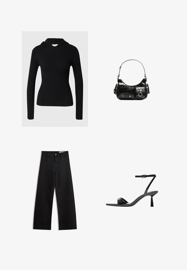 Fekete bordázott kapucnis pulóver hosszú ujjakkal, testre simuló fazonban és szőtt textúrával. Klasszikus kapucnival és kerek nyakkivágással rendelkezik.; Fekete, bő szabású farmernadrág magas derékkal, elülső és hátsó zsebekkel, varrott felületekkel és gombos záródással. Sima textúra.; Bershka Magas sarkú szandálok - black; Fekete lakkbőr kézitáska ívelt formával, egy vállpánttal, elülső zsebekkel és ezüstszínű fémrészletekkel.