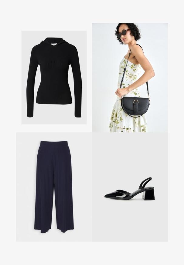 Čierna rebrovaná mikina s dlhými rukávmi, priliehavým strihom a tkanou textúrou. Má klasickú kapucňu a okrúhly výstrih.; Široké nohavice z tmavomodrej látky s ribbovanou textúrou. Obsahujú hladký pás a voľný siluetu, s dĺžkou po stred lýtok.; Čierne lakované kožené sandálové podpätky s špicatou špičkou a geometrickým blokovým podpätkom. Disponujú elegantným, minimalistickým dizajnom a hladkým povrchom.; Čierna kožená kabelka s zaobleným tvarom, odnímateľným popruhom a zlatými doplnkami. Kabelka má klopu s detailom s prackou.