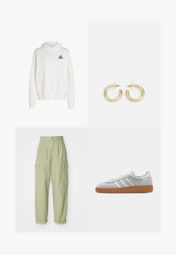 White hooded sweatshirt made of soft fabric. Features a black triangle logo with colorful accents on the left chest. Ribbed cuffs and hem.; Light green cargo pants made from cotton fabric. Features a high waist, rolled cuffs, and two side cargo pockets for added utility.; Light grey suede sneaker with white leather accents, three white stripes, and a brown rubber sole, featuring a padded collar for comfort.; Gold hoop earrings with a smooth, shiny finish. Circular design featuring a small post and clear backing for secure wear.