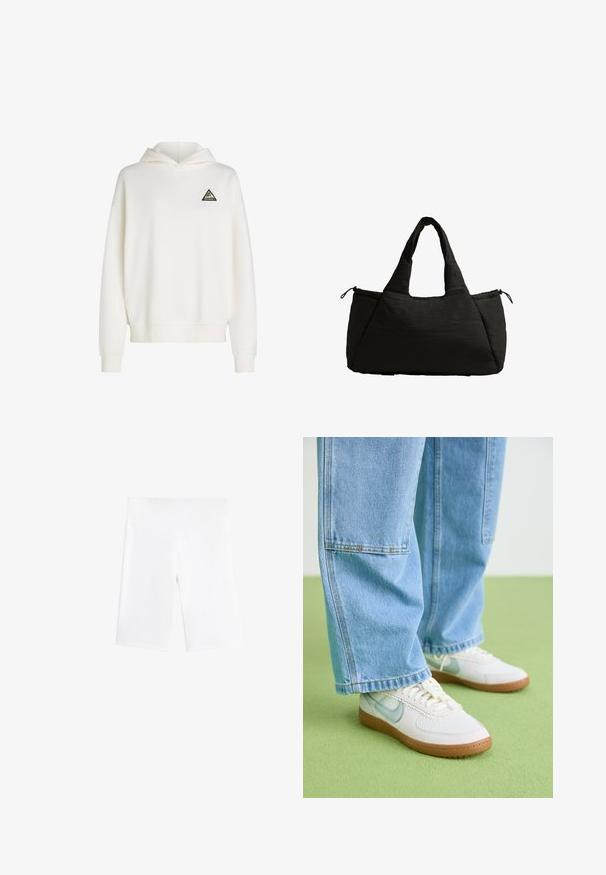 Vit huva sweatshirt i mjukt material. Har en svart triangel-logotyp med färgglada accenter på vänster bröst. Ribbad mudd och nederkant.; Vita cykelshorts i stretchigt material, med resårmidja och en slät, sömlös design. Längd till mitten av låret.; Vita sneakers med ljusblå accenter, texturerad mesh ovandel och beige gummisula, kombinerade med löst sittande ljusblå denimjeans.; Svart toteväska med en fluffig textur, har två korta handtag och en sidficka som är säkrad med dragsko. Enkel, vinkelrät design.
