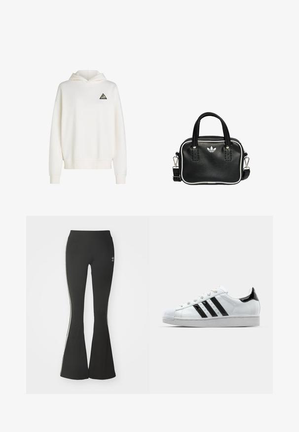 Sudadera blanca con capucha hecha de tejido suave. Presenta un logo triangular negro con acentos coloridos en el lado izquierdo del pecho. Puños y dobladillo acanalados.; Leggings acampanados negros de tejido elástico, con una cintura alta y rayas laterales blancas. Incluye un pequeño logo en la cintura.; Zapatilla blanca con acentos de cuero sintético negro, tres rayas negras y una puntera de goma. Presenta cordones blancos y una parte superior de textura suave.; Bolso de mano de cuero negro con dos asas cortas, herrajes plateados, detalles en blanco y un logotipo blanco. Presenta una superficie texturada y un diseño compacto.