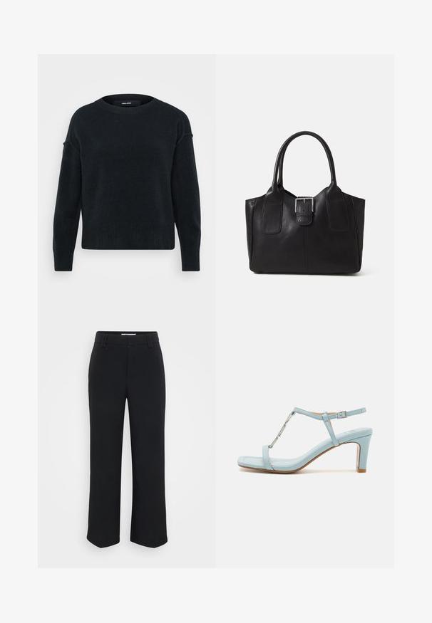Črn pleten pulover z okroglo izrezom, dolgimi rokavi in ribanim robom. Mehek material s nekoliko ohlapnim krojem in spuščeno rameni.; Črne široke hlače z gladko teksturo, z ravnim pasom in stranskimi žepi, zasnovane v minimalističnem slogu.; Svijetloplave sandale s visokom petom i remenom oko gležnja, sa kvadratnim vrhom, koji imaju metalik akcent i glatku, glatku kožnu teksturu.; Črna usnjena torba s gladko teksturo, strukturirano obliko, dvema ročkama in izrazitim srebrnim sponko na sprednji strani.