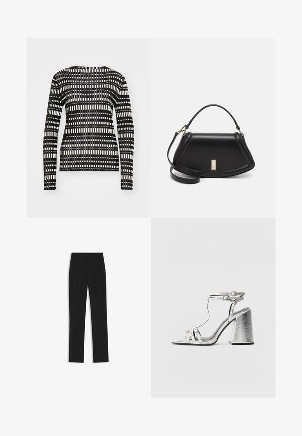 Schwarz-weiße langärmlige Oberteile mit Karomuster, gerippter Textur, runder Halslinie und taillierter Passform.; Schwarze maßgeschneiderte Hose mit geradem Bein, ausgestattet mit Fronttaschen und einem glatten, strukturierten Stoff. Saubere, minimale Details.; Silberne Sandale mit Blockabsatz, ausgestattet mit dünnen Riemen und einer Schnalle am Knöchel. Das Material hat eine metallische Optik mit einer strukturierten Oberfläche.; Schwarze Lederhandtasche mit einem strukturierten Design, das eine verkürzte Form, einen oberen Griff und goldfarbene Hardware-Details aufweist. Verstellbarer Schulterriemen ist enthalten.