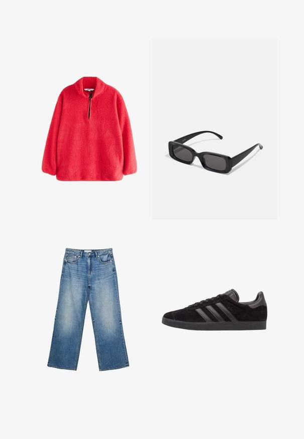 Roter Fleece-Pullover mit hohem Kragen und halbem Reißverschluss, der eine weiche, strukturierte Oberfläche aufweist. Lange Ärmel mit lässiger Passform.; Hellblaue, weit geschnittene Jeans aus Denim mit einem hellen Waschung, fünf Taschen, einem Knopfverschluss und sichtbaren Nähten entlang der Nähte.; Schwarze Wildledersneaker mit strukturierten Gummisohlen, drei schwarzen Lederstreifen, abgerundeter Zehenpartie und gepolstertem Knöchelkragen.; Schwarze rechteckige Sonnenbrille mit dunklen Gläsern, glänzender Oberfläche, breiten Bügeln und einem klobigen Rahmen-Design. Gravierter Markenname auf einem Bügel.