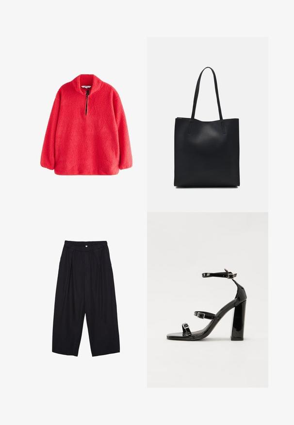Rød fleece pullover med høj krave og halvlanga lynlås, der har en blød, tekstureret overflade. Lange ærmer med afslappet pasform.; Sorte polyester culotte bukser med elastisk talje, to forpiber og en løs silhuet. Ingen synlige mønstre eller hardware detaljer.; Sorte laklædersandaler med høje hæle, to spænderemme, firkantet tå og en kraftig blokhæl, der har en glat, blank overflade.; Sort læder tote taske med glat tekstur, rektangulær form og to lange hanke. Ingen synlig hardware eller udsmykninger.