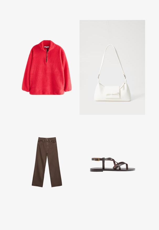 Rød fleece pullover med høj krave og halvlanga lynlås, der har en blød, tekstureret overflade. Lange ærmer med afslappet pasform.; Bredde ben brun denim jeans med høj talje, forlommer og klassisk knaplukning. Glat tekstur med diskret syninger.; Brune lædersandal med krydsende stropper, ankelspænde og en flad sål med minimale syninger.; Hvid syntetisk håndtaske med en trekantet form, flad forsideklap og sløjfedetalje, justerbar strop, glat tekstur og minimalistisk design.