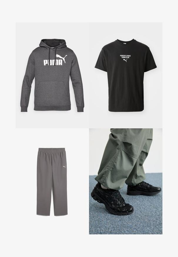 Felpa grigia con cappuccio, dotata di tasca a marsupio, polsini a costine e logo Puma bianco sul petto. Tessuto morbido.; T-shirt nera in cotone con scollo rotondo, con la scritta bianca stampata "PORSCHE LEAGUE TURBO CLUB" e un piccolo logo Puma sotto.; Pantaloni sportivi grigi con vita elastica, realizzati in tessuto leggero. Presentano un piccolo logo bianco sulla gamba sinistra.; Sneaker atletici neri con texture lucida e in rete, dotati di una suola spessa e lacci, abbinati a pantaloni cargo larghi verde oliva.