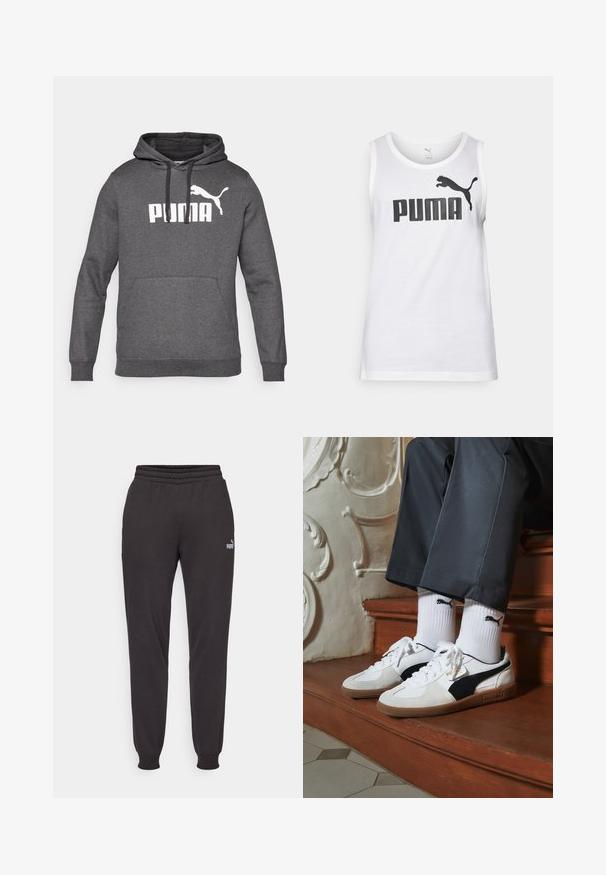 Hanorac gri cu glugă, cu buzunar tip cangur, manșete ribbate și un logo alb Puma pe piept. Textură moale a materialului.; Top din bumbac alb, cu un mare logo negru "PUMA" și un emblema a unei pume sărind. Guler rotund și design fără mâneci.; Pantaloni jogging negri, confecționați dintr-un material moale, cu un brâu elastic, mansete la glezne și un logo subtil pe coapsa stângă.; Adidași Puma din suede alb și negru, cu o talpă din cauciuc maro. Asortați cu șosete albe care au un logo negru, purtate cu pantaloni închiși la culoare.