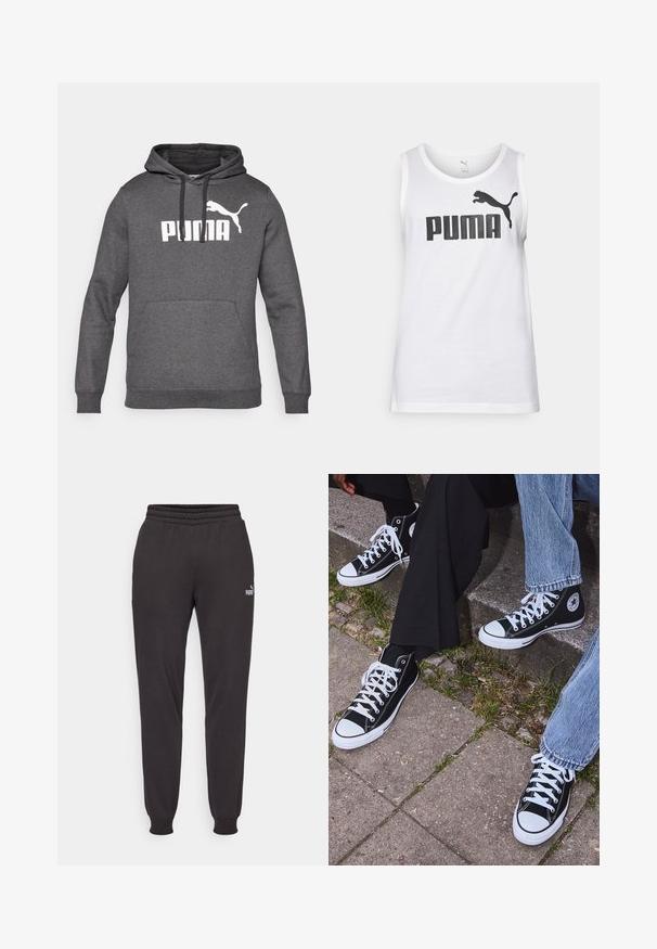 Šedá mikina s kapucňou, ktorá má klokanie vrecko, rebrované manžety a biele logo Puma na hrudi. Mäkko tkaný materiál.; Biely bavlnený tielko s veľkým čiernym logom "PUMA" a emblémom skáčucej pumy. Okrúhly výstrih a bezrukávový dizajn.; Čierne jogger nohavice vyrobené z mäkkej tkaniny, s elastickým pásom, manžetami na členkoch a decentným logom na ľavom stehne.; Čierne vysoké plátenné tenisky s bielymi gumovými podrážkami a šnúrkami, s okrúhlym logom na boku, skombinované s džínsami a čiernymi nohavicami.