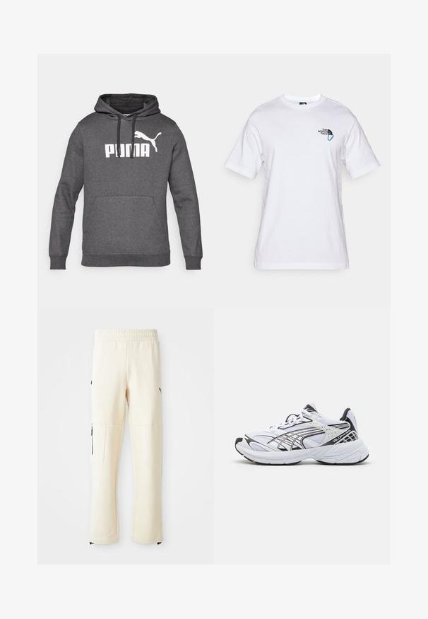 Harmaa huppari, jossa on kenguru-tasku, ribbikuvioidut hihansuut ja valkoinen Puma-logo rinnassa. Pehmeä kangas.; The North Face EXPLORE CARABINER RELAXED TEE UNISEX - Printtipaita - white; Helle beige sweatpants laget av myk stoff. Har en svart logo, sidelommer med glidelås, og en avslappet passform.; Valkoiset urheilukengät mustilla yksityiskohdilla. Verkkomainen ja synteettinen päällinen, paksu pohja ja kaareva muotoilu. Varustettu nauhakiinnityksellä ja logotiedoilla.