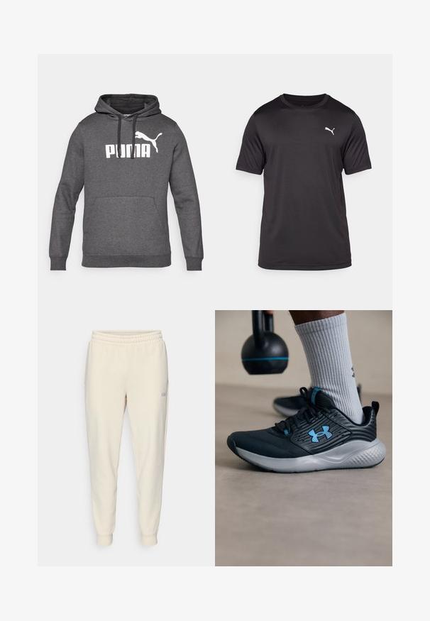 Felpa grigia con cappuccio, dotata di tasca a marsupio, polsini a costine e logo Puma bianco sul petto. Tessuto morbido.; T-shirt tecnico nera realizzata in tessuto traspirante, colletto rotondo, maniche corte, con un piccolo logo bianco sul lato sinistro del petto.; Pantaloni sportivi beige chiaro con cordoncino, dotati di vita elasticizzata, caviglie con cinturino, tasche laterali e un piccolo logo sulla coscia sinistra.; Scarpone sportivo nero con accenti blu, tomaia testurizzata e suola grigia. Indossato con calzini grigi a costine, accanto a un kettlebell nero.