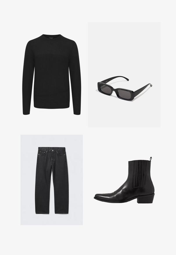 Black knitted sweater with a round neck, featuring a textured upper panel and ribbed cuffs and hem. Made from a soft, warm fabric.; White long-sleeve button-up shirt made of smooth fabric. Features a classic collar, front buttons, and single-button cuffs. Slim fit design.; Black denim jeans with a straight-leg cut, featuring a button fly, five pockets, and copper-toned hardware accents. Smooth texture.; Black leather ankle boot with a pointed toe, elastic side panels, vertical stitching accents, and a low block heel.; Black rectangular sunglasses with dark lenses, glossy finish, wide arms, and a chunky frame design. Engraved brand name on one arm.; Burgundy silk tie, narrow shape with a solid texture. Features a pointed tip, consistent color, and smooth finish.