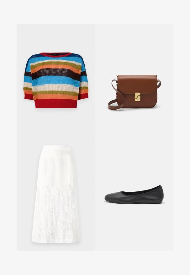 Mnohofarebný skrátený pletený sveter s horizontálnymi pruhmi v modrej, oranžovej, zelenej, hnedej a červenej farbe, s rebrovaným golierom a manžetami.; Pletená biela midi sukňa s textúrovaným vzorom s vertikálnymi pruhmi a výrezmi v blízkosti dolného okraja. Elastický pás. Mäkkučký materiál.; Čierne kožené baleríny s okrúhlou špičkou, hladkým povrchom, minimálnym prešívaním a flexibilným dizajnom podrážky.; Hnedá kožená kabelka s klopou, zlatými kovovými prvkami, ramenným popruhom a hladkým povrchom. Kompaktný obdĺžnikový tvar.