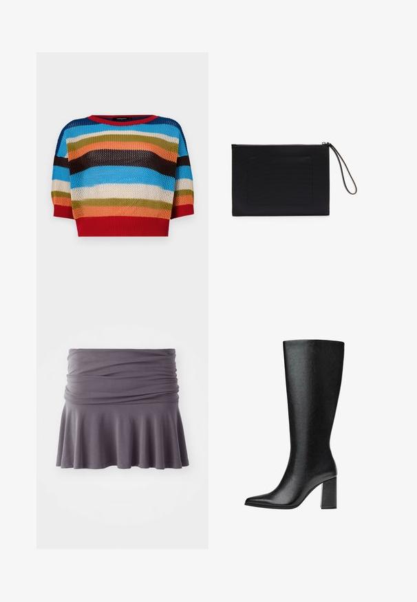 Pullover a maglia cropped multicolore con strisce orizzontali blu, arancione, verde, marrone e rosso, con colletto e polsini a coste.; Gonna grigia a lunghezza ginocchio realizzata in tessuto morbido con vita arricciata e orlo svasato. Presenta una texture liscia e un design semplice.; Stivale nero al ginocchio realizzato in pelle sintetica, con punta affusolata, texture liscia e tacco a blocco spesso. Design minimalista senza decorazioni visibili.; Borse a mano nera realizzata in tessuto texturizzato con forma rettangolare, dotata di chiusura a zip e tracolla. Include una tasca frontale.