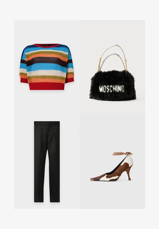 Multicolored cropped knit sweater featuring horizontal stripes in blue, orange, green, brown, and red, with a ribbed neckline and cuffs.; Black trousers featuring a smooth fabric, tailored design, straight legs, and a flat waistband with no visible closures or pockets.; Brown and white cow print high heel shoe with a pointed toe, textured surface, and an ankle strap with a light brown buckle.; Black faux fur handbag with gold and silver chain straps. Features "MOSCHINO" logo in white on the front. Soft texture and rectangular shape.