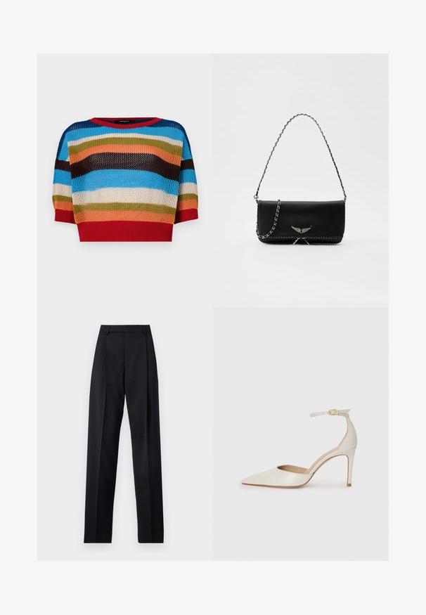 Višenamjenski skraćeni pleteni pulover s horizontalnim prugama u plavoj, narančastoj, zelenoj, smeđoj i crvenoj boji, s rebrastim izrezom i manžetama.; Crne hlače od glatkog materijala s visokim strukom, širokim nogavicama, prednjim pregibima i klasičnim petljama za remen. Nema vidljivih bočnih džepova.; Bijela kožna visoko potpetica s oštrim vrhom, remenom oko članaka i tankom stiletto potpeticom. Glatka tekstura s blagim sjajnim završetkom.; Crna kožna torba s srebrnim lanac strapom, s dekorativnim krilnim naglascima i bijelim šavovima duž donjeg šava.