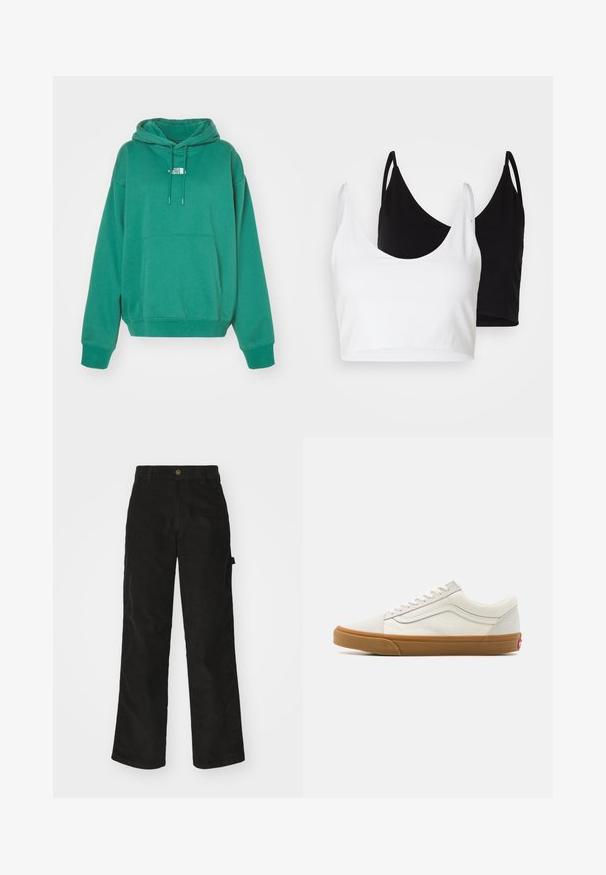 The North Face ESSENTIAL OVERSIZED HOODIE - Džemperis su gobtuvu - evergreen; Du dujų medvilnės marškinėliai balti ir juodi. Kiekvienas turi giliai iškirptą iškirptę ir plonas petnešas, pasižyminčius lygiu, švelniu tekstūru.; Juodos lininės kelnes su tiesiomis kojomis, turinčios mygtuko užsegimą ir šonines kišenes. Sklandus paviršius su smulkiomis vertikaliomis juostelėmis.; Balti drobės žemi sportbačiai su guminiais padais, apvaliu priekiniu tipu, su raišteliais užsegimu ir šoniniu oda juostele.