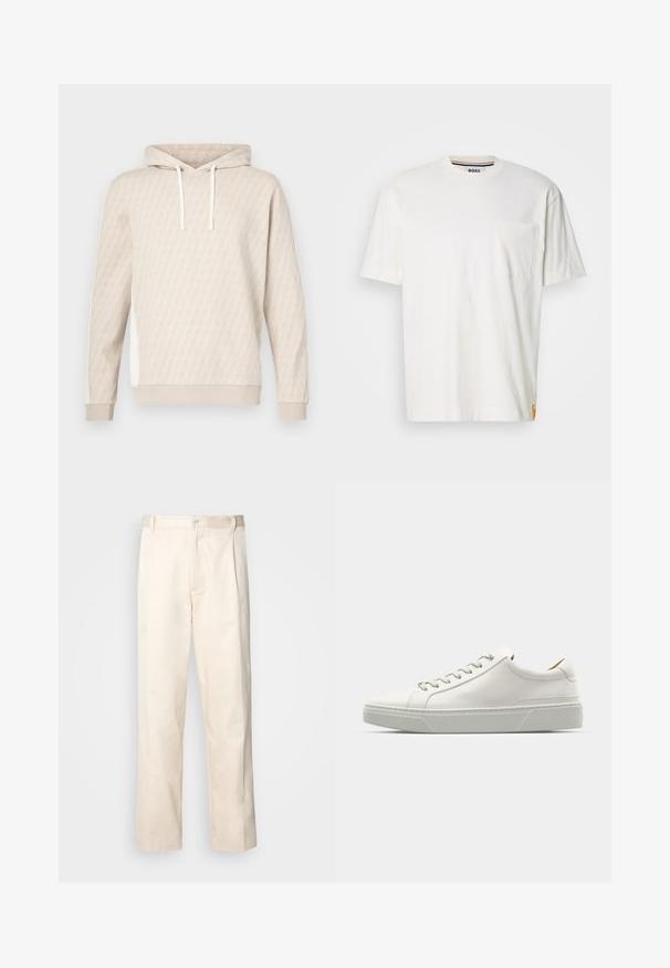 Béžová mikina s kapucí s jemným geometrickým vzorem, stahovací šňůrkou na kapuci, žebrovanými manžetami a bočními panely. Měkká textura, ležérní design.; Bílá bavlněná tričko s kulatým výstřihem, krátkými rukávy a kapsou na levé straně hrudníku. Obsahuje malou logo etiketu na postranním švu.; Bežové bavlněné kalhoty se střihy rovného nohavice, s knoflíkovým zapínáním a záhyby vpředu pro zvýraznění detailu.; Bílé kožené tenisky s kulatou špičkou, minimalistickým designem, šedými tkaničkami a strukturovanou šedou gumovou podrážkou. Viditelné jemné prošívání.