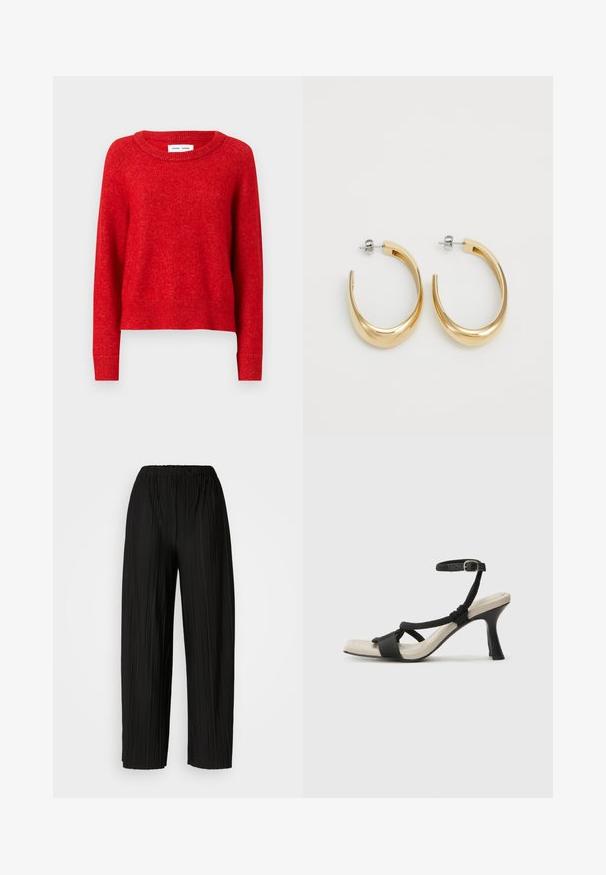 Maglione rosso lavorato a maglia con scollo rotondo, dotato di maniche lunghe e polsini a costine. Il materiale sembra morbido e testurizzato con una vestibilità leggermente ampia.; Pantaloni neri a gamba larga plissettati con vita elastica. Il tessuto presenta pieghe verticali e una consistenza liscia.; Sandal con tacco nero e design con cinturino intrecciato, punta quadrata e cinturino alla caviglia regolabile. Soletta beige chiaro con tacco nero lucido.; Orecchini a cerchio color oro con un design liscio e curvo. Realizzati in metallo, presentano una finitura elegante e una chiusura a perno.