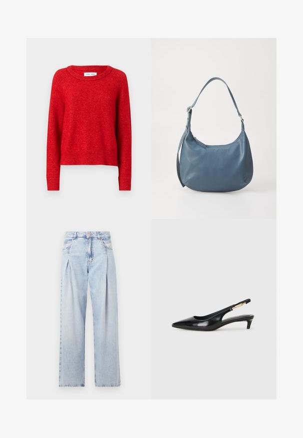 Sarkans adīts džemperis ar apaļu kakla izgriezumu, ar garām piedurknēm un ribotām aprocēm. Materiāls izskatās mīksts un strukturēts ar nedaudz brīvu piegriezumu.; Gaiši zilas džinsu bikses ar augstu jostasvietu, plats kāju griezumu, divām sānu kabatām un krokotā dizaina akcentiem. Mīksta tekstūra ar izdilušu apdari.; Melnas ādas slingback zābaki ar smailu purngalu, ar šauru papēdi un zelta krāsas akcentu uz regulējama siksniņas. Gluda tekstūra.; Zila ādas rokassoma ar noapaļotu formu, vienu plecu siksnu, ar rāvējslēdzēju aizdari un iegravētu zīmola nosaukumu priekšpusē. Gluda tekstūra.