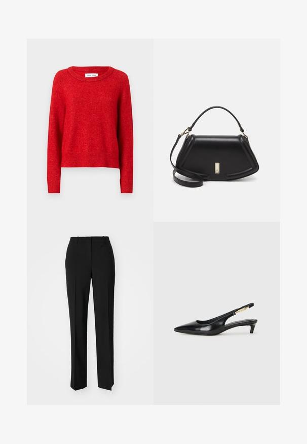 Roter Strickpullover mit Rundhalsausschnitt, ausgestattet mit langen Ärmeln und gerippten Bündchen. Das Material wirkt weich und strukturiert mit einem leicht lässigen Schnitt.; Schwarze, taillierte Hose mit geradem Bein, aus einem glatten Stoff und mit klaren Falten an der Vorderseite. Keine sichtbare Hardware.; Schwarze Leder-Slingback-Pumps mit spitzem Schuhblatt, ausgestattet mit einem schlanken Absatz und einem goldfarbigen Akzent am verstellbaren Riemen. Glatte Textur.; Schwarze Lederhandtasche mit einem strukturierten Design, das eine verkürzte Form, einen oberen Griff und goldfarbene Hardware-Details aufweist. Verstellbarer Schulterriemen ist enthalten.