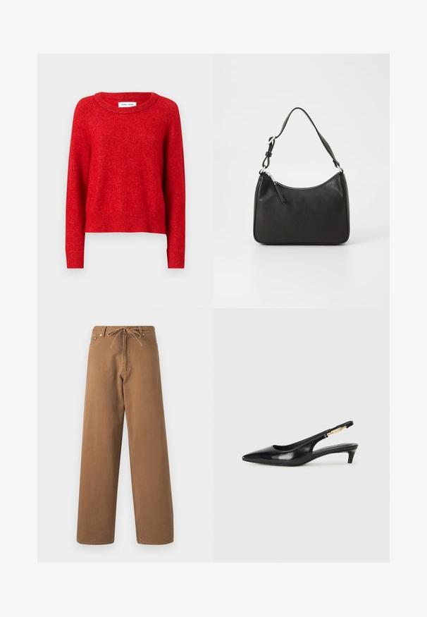 Crvena pletena dukserica s okruglim izrezom, dugim rukavima i rebrastim manžetama. Materijal izgleda mekano i teksturirano s nešto slobodnijim krojem.; Smeđe široke hlače izrađene od pamuka, sa podesivim pojasom i dva prednja džepa. Teksturalna tkanina s glatkom završnom obradom.; Crne kožne sandale s petom, s izduženim vrhom, imaju usku petu i zlatni akcent na podesivoj traci. Glatka tekstura.; Crna kožna torba s zakrivljenim oblikom, jednim remenom, zatvaranjem na patentni zatvarač i suptilnim brendiranjem sprijeda. Glatka tekstura, minimalistički dizajn.