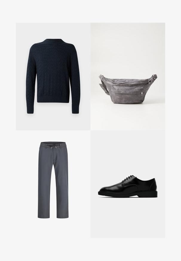 Sötét tengerészkék kötött pulóver, texturált hullámmintával, bordás nyakkal és mandzsettákkal. Feszes szabás, hosszú ujjakkal és klasszikus formával.; Szürke, elasztikus derékpánttal ellátott nadrág, amely húzózsinórral készült. Egyenes szárú kialakítás, sima anyagból, minimális varrásokkal és látható hardver nélkül.; Fekete bőr frakkcipő sima felülettel, kerek orral, fűzős kialakítással és visszafogott gumitalppal a tapadás érdekében.; Szürke velúr övtáska kerek formával, két cipzáras rekesszel és állítható pánttal. Fém dekorációval rendelkezik.