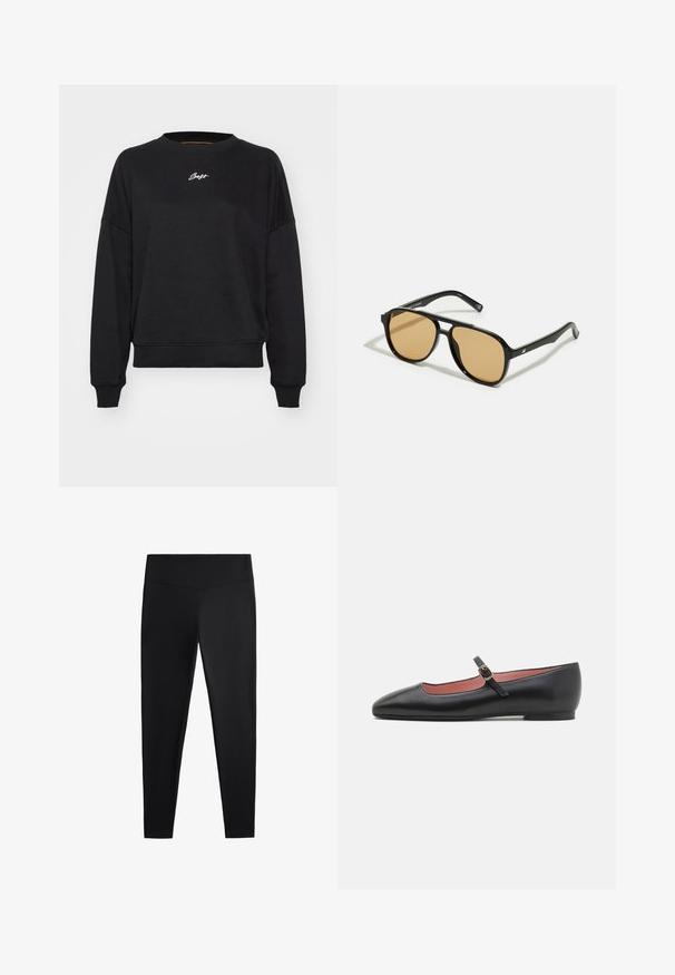 Fekete pulóver kerek nyakkal, leengedett vállakkal és bordázott mandzsettákkal. Kiugró fehér logó hímzés található a mellkason. Simább szövet textúra.; Fekete leggings sima, rugalmas anyagból. Széles derékpánt és szűkülő lábzárás jellemzi, alkalmas aktív vagy laza viseletre.; Fekete bőr lapos cipő, hegyes orral és bokapánttal, arany csattal. Sima felület, enyhén fényes kivitel.; Fekete napszemüveg barna árnyalatú lencsékkel; téglalap alakú, vastag kerettel, a szárakon diszkrét fém részletekkel.