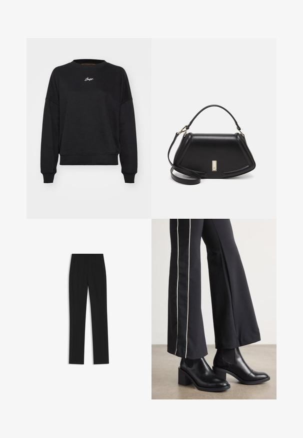 Felpa nera con colletto rotondo, spalle abbassate e polsini a costine. Presenta un discreto ricamo del logo bianco sul petto. Tessuto liscio.; Pantaloni neri su misura con un design a gamba dritta, dotati di tasche frontali e un tessuto liscio e strutturato. Dettagli ordinati e minimalisti.; Stivaletti in pelle nera con tacco a blocco, dotati di pannelli elastici sui lati. Abbinati a pantaloni neri con una striscia bianca laterale.; Borsa a mano in pelle nera con un design strutturato, caratterizzata da una forma corta, manico superiore e accessori in metallo dorato. Inclusa tracolla regolabile.